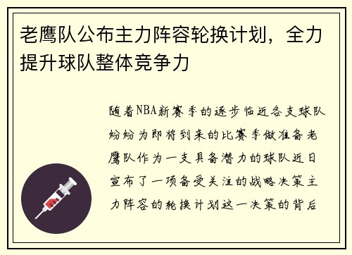 老鹰队公布主力阵容轮换计划，全力提升球队整体竞争力
